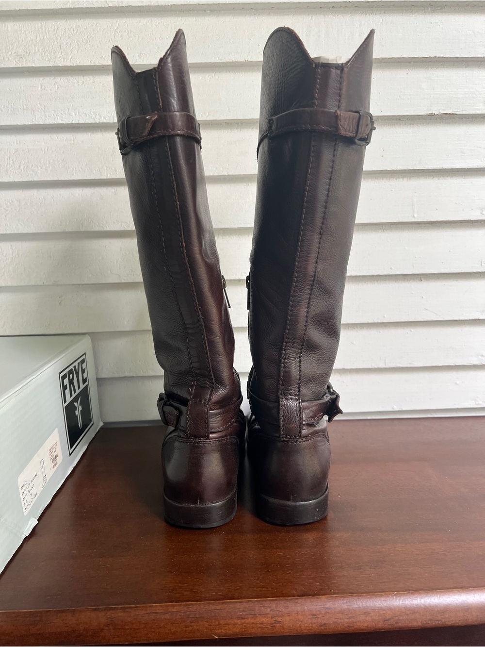 Frye Dark Brown Leather Tall Riding Boots with Buckle - Picture 3 of 8